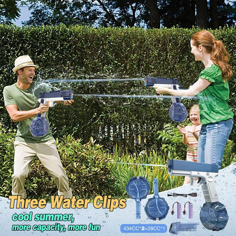 2Pcs Automatic Water Gun, Rechargeable Automatic Water Gun for Adults and Children, 32 Feet Long Range Water Gun, Beach Pool Outdoor Toy Gift, 3 Super Capacity Water Gun Magazines, Blue